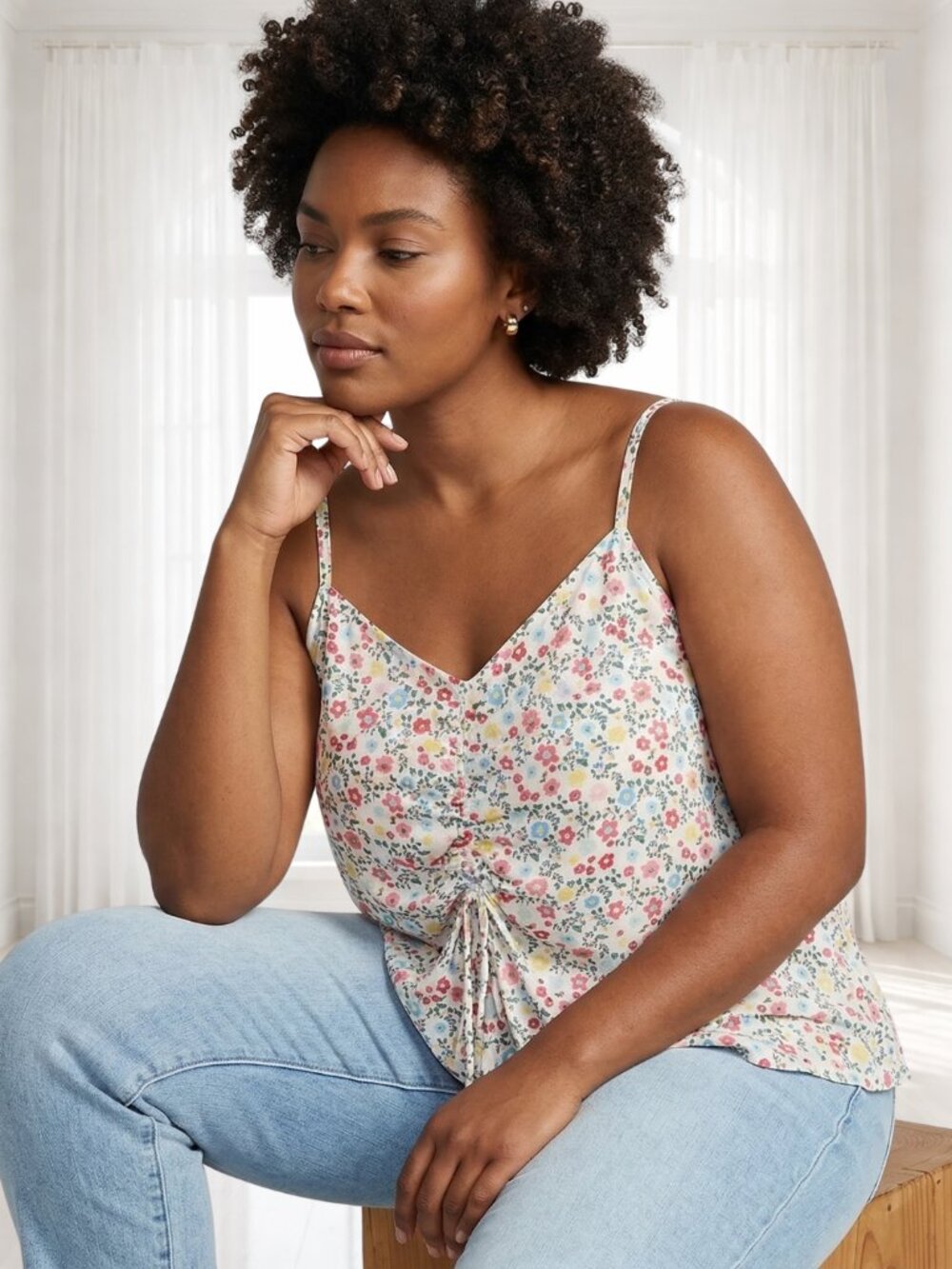 Sonoma White Floral Cinch Tie Front Cami Top Boho Cottagecore